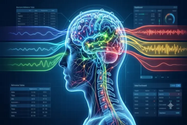 Ilustración del cerebro humano rodeado de representaciones de diferentes ondas cerebrales